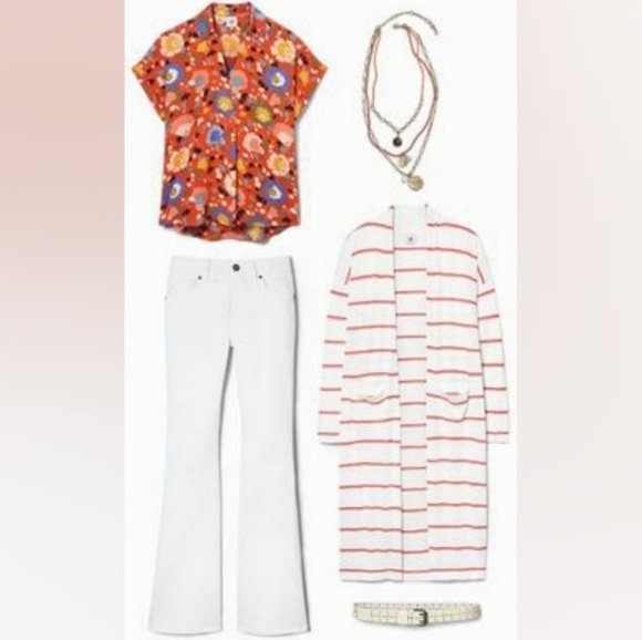 CAbi Orange And White Striped Stroll Long Open Face Cardigan/Duster Sweater Sz M - Picture 3 of 15